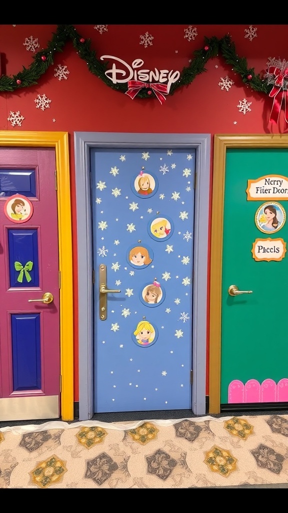 A collage of Disney-themed Christmas door decorations featuring colorful designs and festive elements.